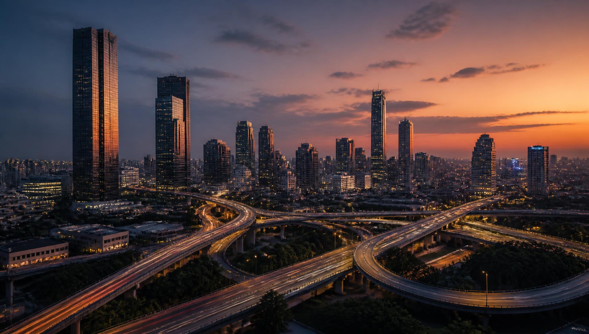 African city skyline at dusk with new highway infrastructure